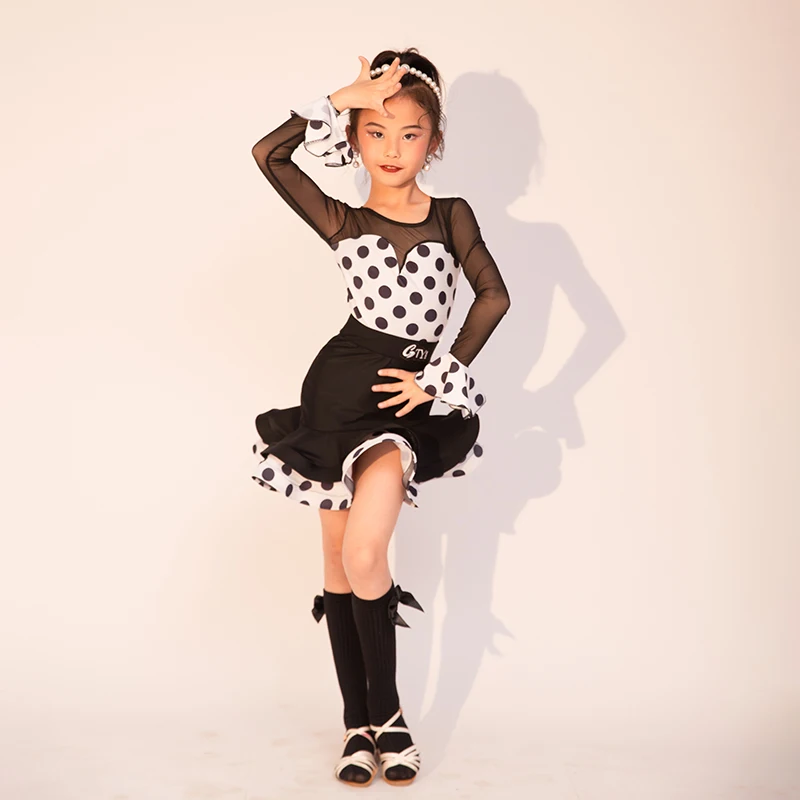 Langärmliges Kleid mit Polka-Dot-Muster für Rumba, Tango, Lateinamerikanische Tänze, Mädchen, Kinder, Samba, Salsa, Tanzbekleidung, Kinder-Wettbewerbskleider, Ballsaalkleider.