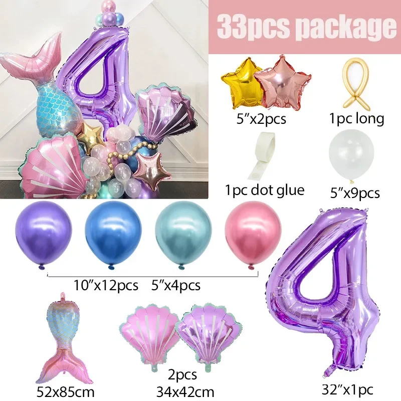 33-teiliges Meerjungfrauen-Muschel-Zahlenballon-Set, Meerjungfrauen-Themen-Folienballons für Mädchen-Geburtstag, Babyparty, Unterwasser-Party-Dekoration – Detail 8