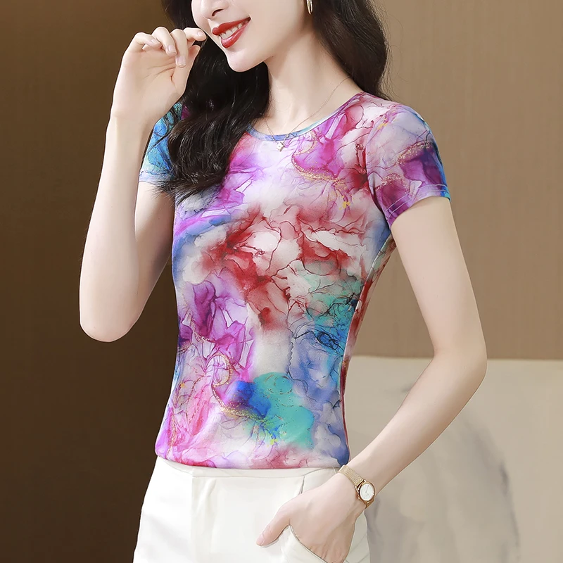 M-4XL Short Sleeve T-shirts Women Thin Slim Tops Simple Soft Printed Mesh Tee Shirts Female High Stretchy TShirt