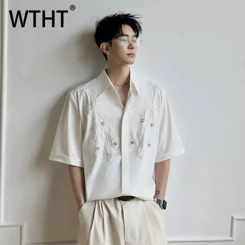 

WTHT Trendy Men's Heavy Industy Embroidery Beads Shirts Fashion 2026 Summer Turn Down Collar Single-breasted Tops Male 2A3052