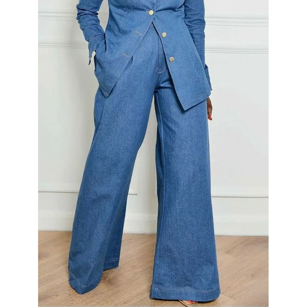 High Waisted Loose Pockets Solid Color Lapel Jean Two Pieces Set