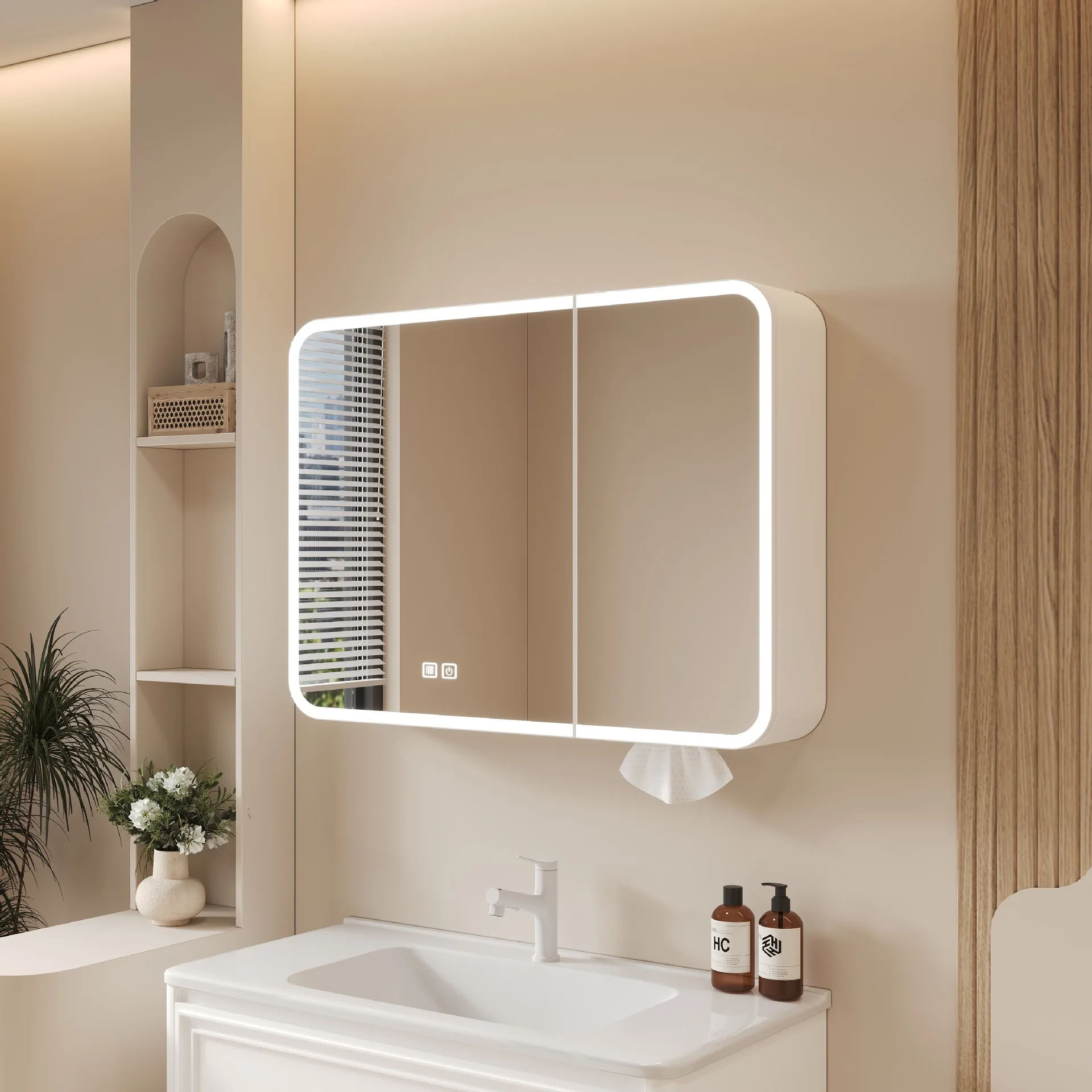 Curved space aluminum bathroom mirror cabinet, separate bathroom, wall-mounted smart mirror with lamp storage integrated box