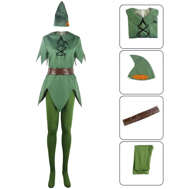 Peter Pan Costume Cosplay Film PeterPan Abito in stoffa da elfo verde con cappello Uniforme Costume di carnevale di Halloween per bambini adulti