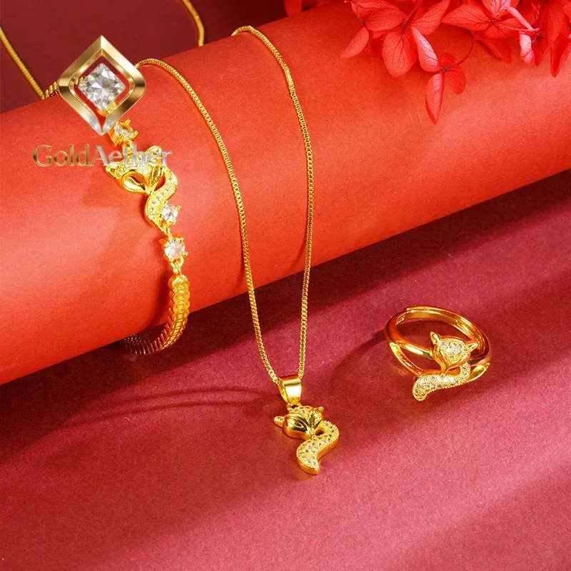

GoldAether Luxury 24K 9999 Pure Gold real gold Women's fox necklace bracelet ring suit
