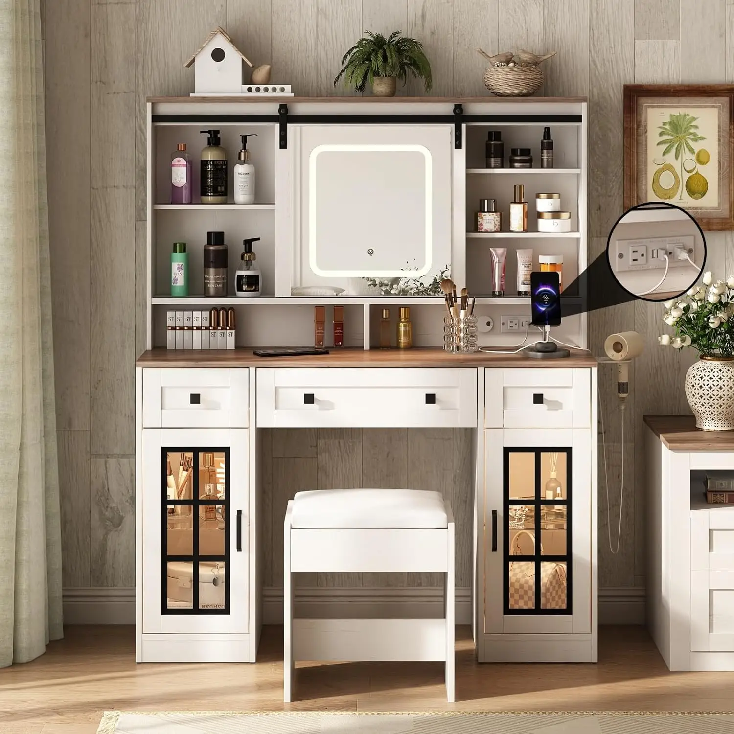 

Fameill 45.5'' Farmhouse Makeup Vanity Desk with Sliding Mirror, Vanity Table with 3 Drawers and 2 Cabinets, Charging Station