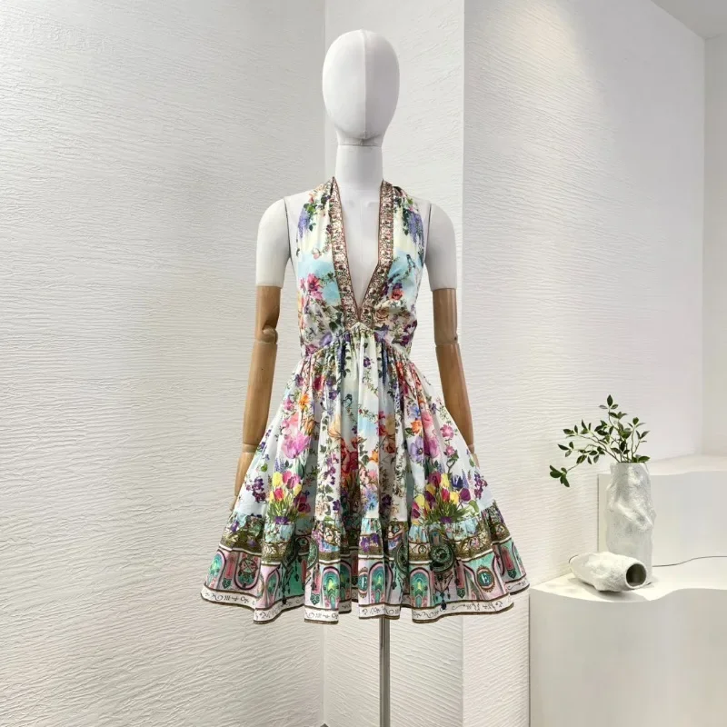 Womne's Multi Color Mini Dresses Floral Print Halter Backless Pleat Ruched Diamonds Sweety 2025 High Quality for Party