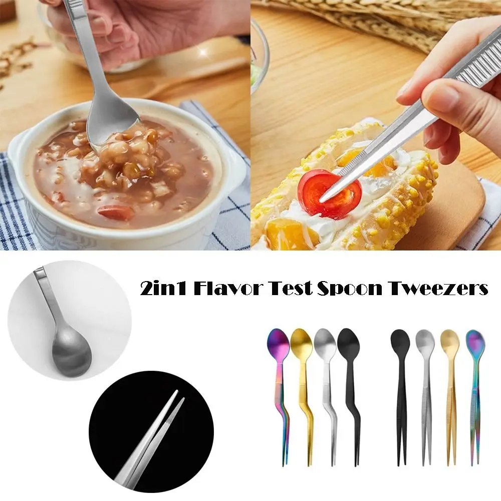 Multi-functional Sauce Spoon Portable 2in1 Design Picnic Utensil Stainless Steel Flavor Test Spoon Tweezers Kitchen Utensil
