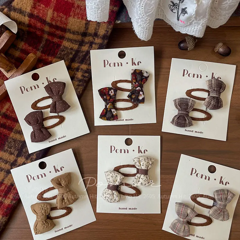 

2Pcs Brown Floral Bow Hair Clips Handmade Fabric Korean Autumn Vintage Non Slip Super Soft for Kids Side Bangs Hair Accessories