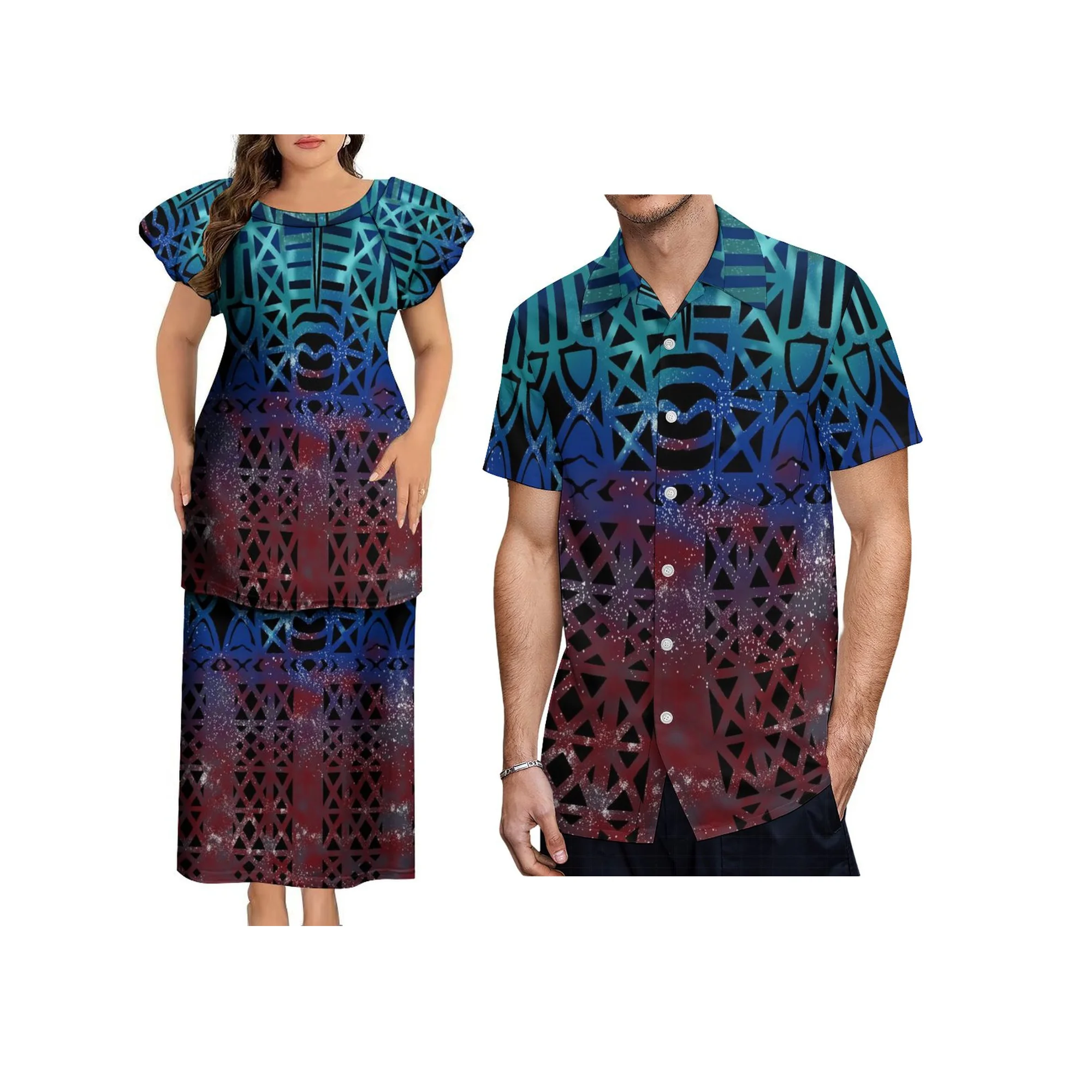 New Polynesian Print Design Puletasi Samoan  Dress Customized Women O Neck Puff Sleeve Casual Dress 2 Pcs