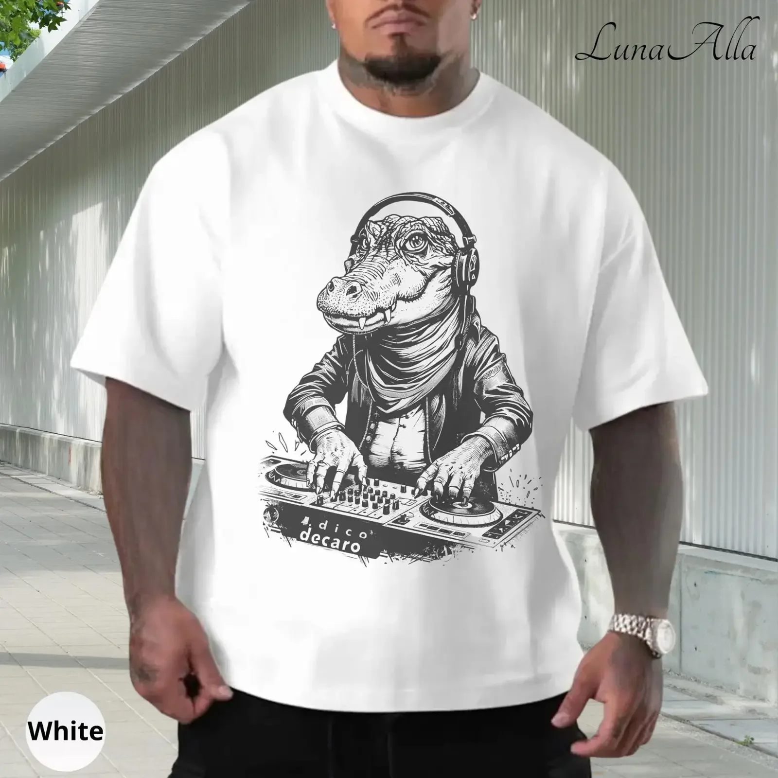Luna Alla Men's Oversized Retro Crocodile DJ T shirt Funny Alligator for Music Party Festival Lovers vintage Washed Comfortable