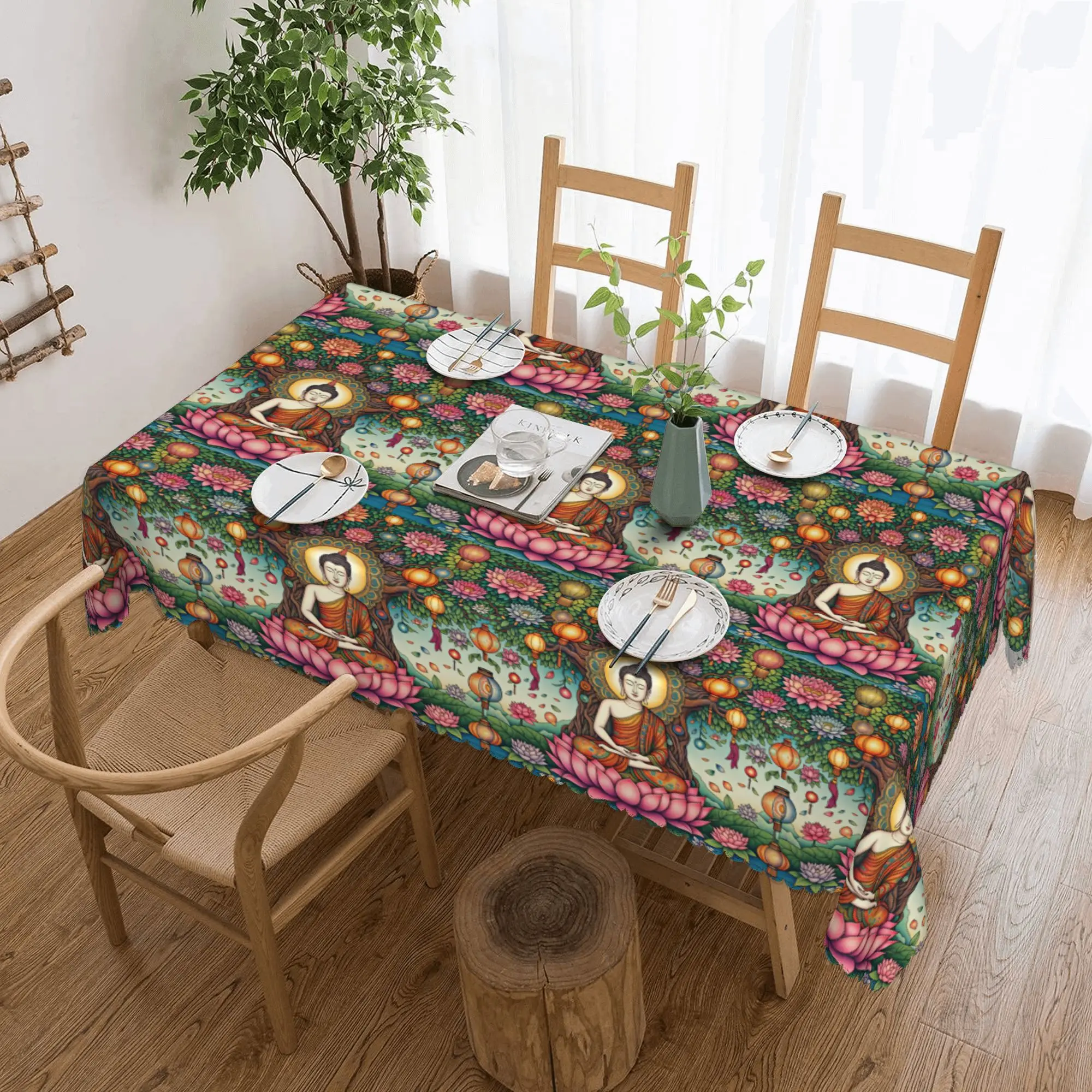 Nappe rectangulaire avec motif Bouddha méditant sous un grand arbre Bodhi, nappe anti-huile pour l'extérieur, couverture de table de 45 à 50 pouces