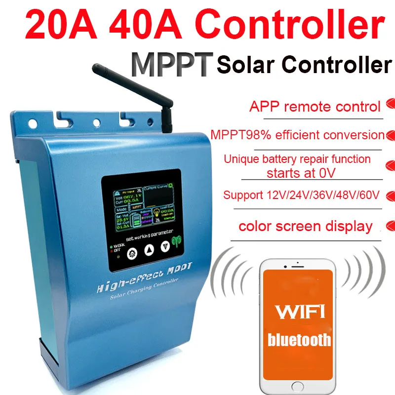 20A 40A MPPT Controller Solar Charge Controller 12V 24V 36V 48V Battery Regulator For Lithium LiFePo4 Lead-Acid, Gel Batteries