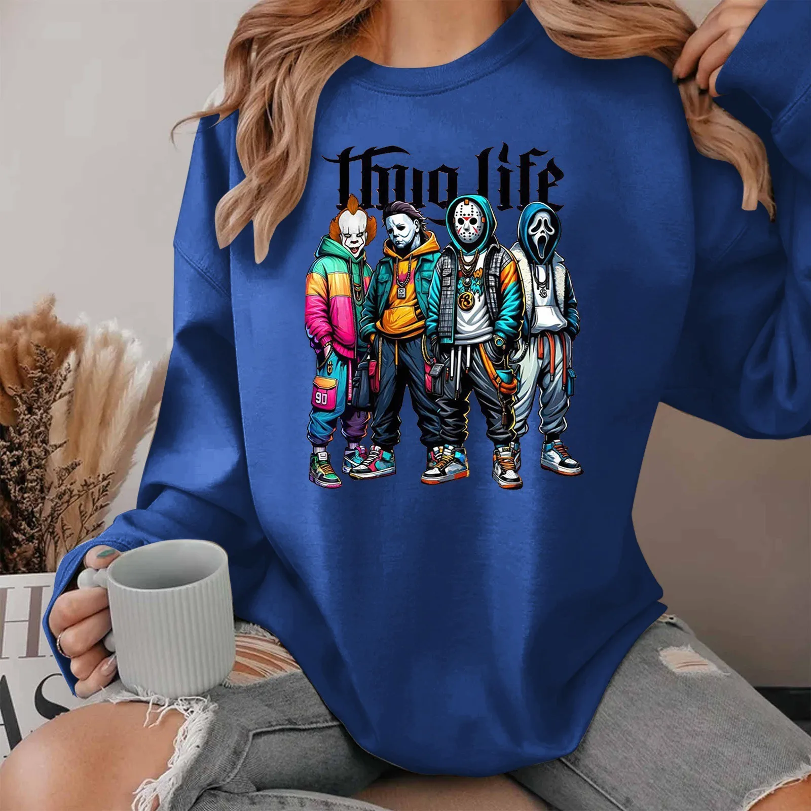 Thug Life Halloween Sweatshirt Crew Neck Horror Movie Theme Y2k Hoodies Short Sleeve Graphic Oversized American Casual Hoodless