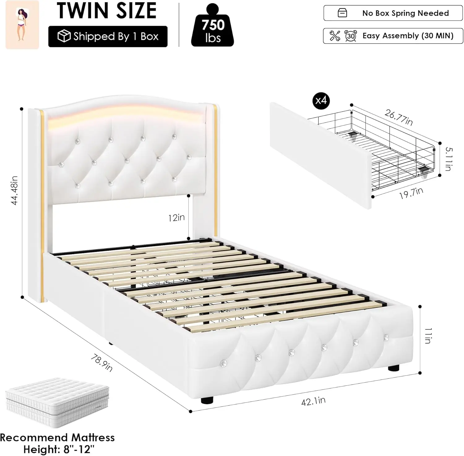 Gestoffeerd LED-bedframe voor twee personen, met kristallen getuft hoofdeinde met knopen en 4 opbergladen, moderne PU Princess Twin Size Platf