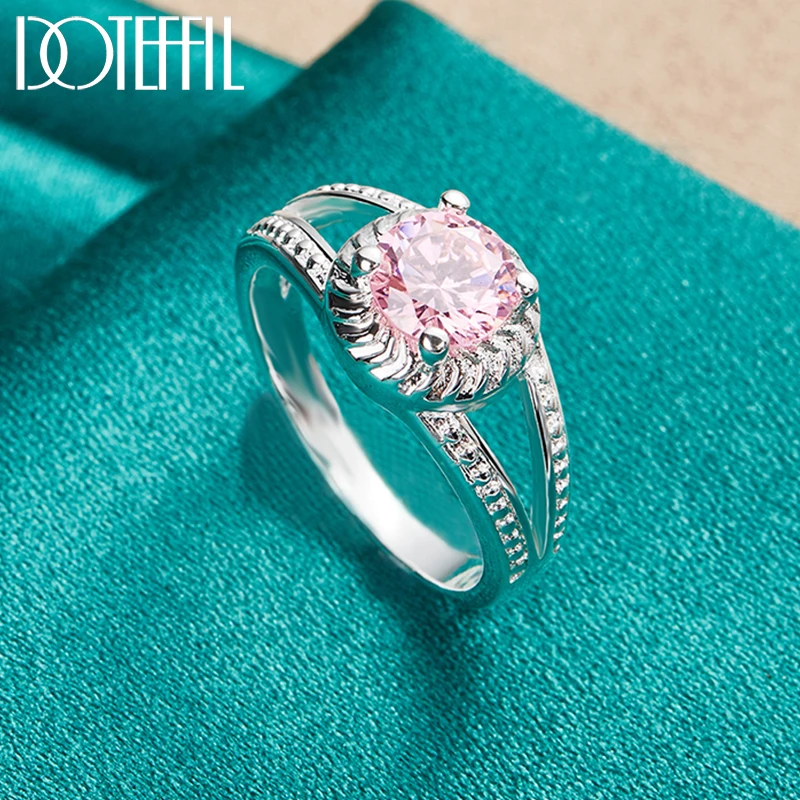 DOTEFFIL 925 Sterling Silver Round Pink AAA Zircon Ring For Man Women Fashion Wedding Engagement Party Gift Charm Jewelry