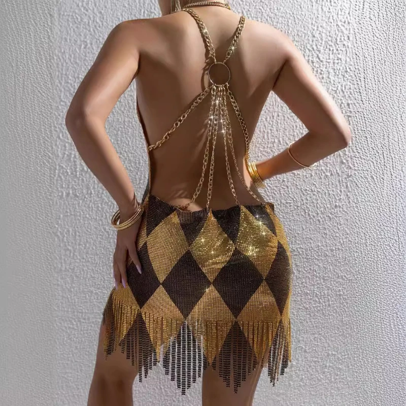 

Sexy Metal Backless Summer Dress Fashionable Women's Mini Skirt Style Sleeveless Hanging Neck Design New Hot Sale Of The Season