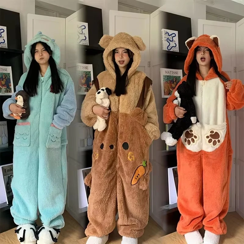 Winter Clothing In Japan - 冬用ぬいぐるみフォックスワンピースパジャマ 女性用 厚手フランネル フード付きワンピース 寝間着 カジュアルホームラウンジウェア