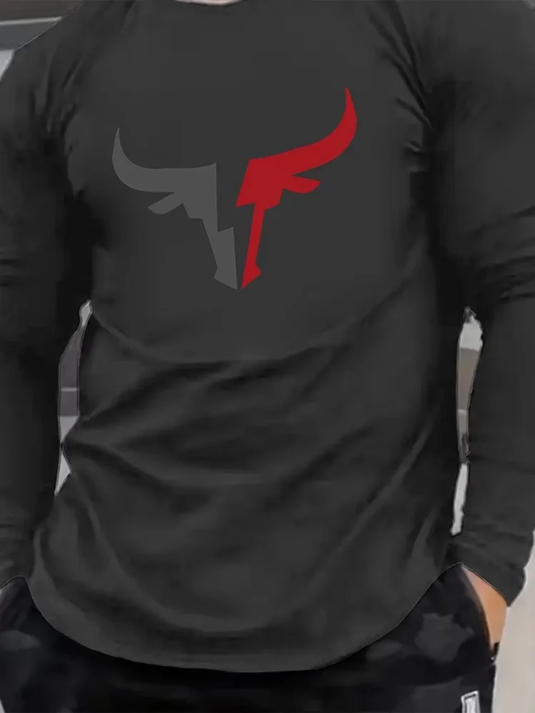 Men's White Long Sleeve T-Shirt Red Grey Bull Horns Graphic Tee Geometric Abstract Streetwear Casual Pullover Tops Gift New