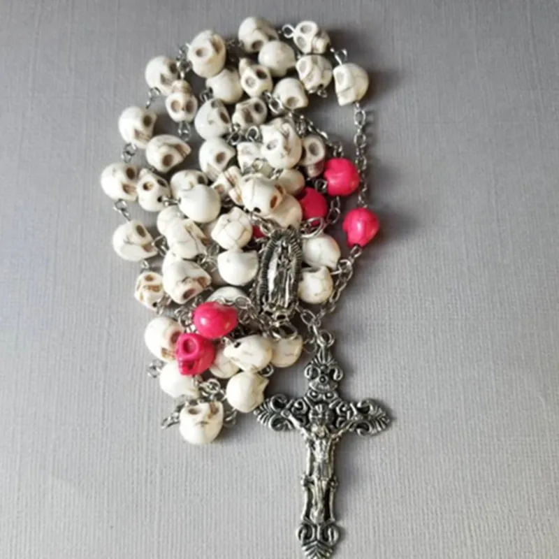 Dia de Los Muertos rosary, Howlite skulls, Guadalupe center, ornate crucifix, Catholic rosary, five decade rosary, stainless ste