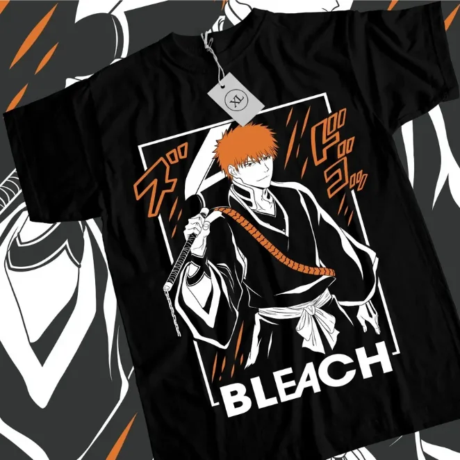 2026 Bleach Ichigo Half Hollow Mask Dual Figure Chinese Kanji Print T-shirt Black Oversized Cotton Casual Tee For Anime Fans