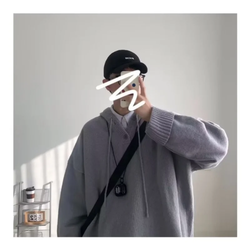 Men's Sweater Spring and Autumn Warm Loose Casual V-neck Base Sweater Soft Knitted Sweater Pocket Solid Color Hoodie