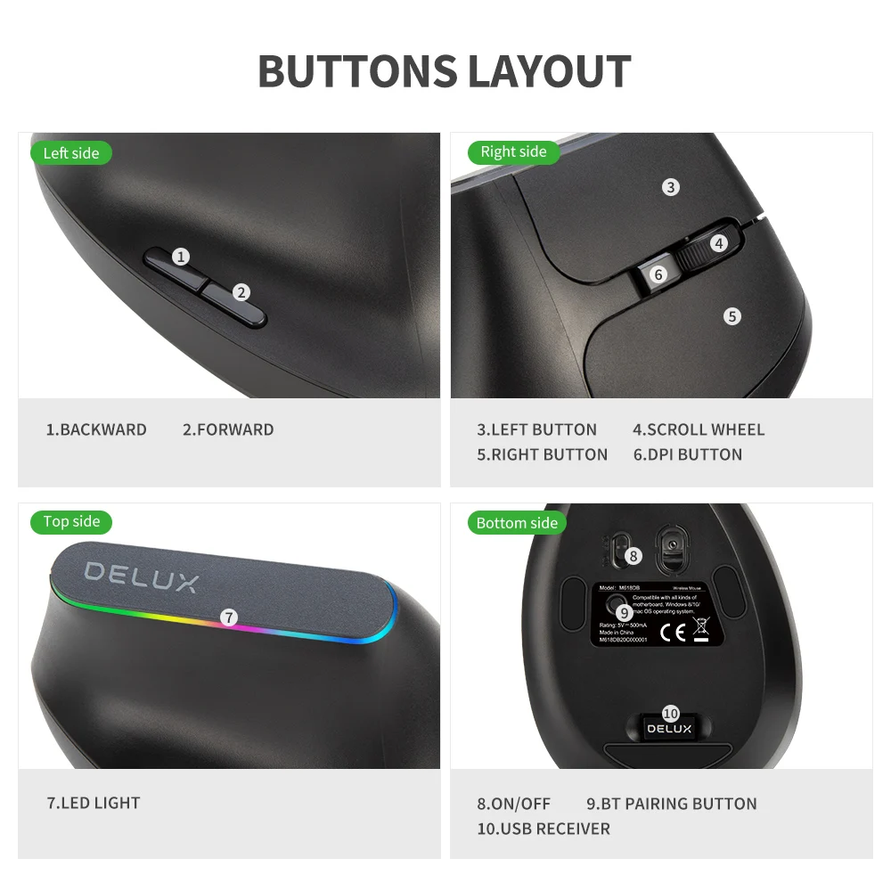 Delux-Souris verticale ergonomique M618DB, aste, sans fil, 2.4GHz, souris de jeu RVB, 1600 ug I, adaptée pour PC, ordinateur portable