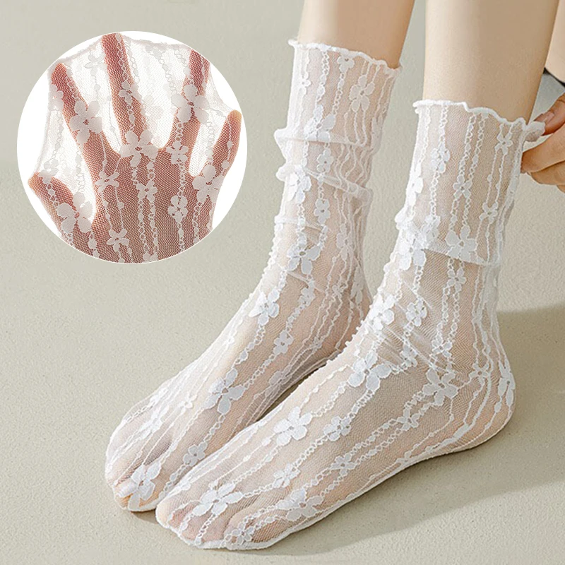 

1Pair Women Middle Tube Socks Lace Sweet Floral JK Lolita Japanese Hollow Out Long Sock Thin Breathable High Quality Loose Sox