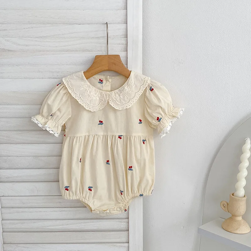 Girls Onesie 2026 Spring and Summer New Childrens Clothes Girls Baby Sweet Short-sleeved Cherry Embroidered Onesie Simple