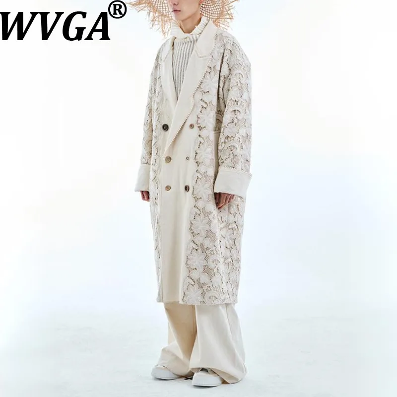 WVGA Autumn Winter Men Flower Spike Hollow Out Curly Grass Pattern Spliced Irregular Collar Trendy Drop Shoulder Overcoat W18676