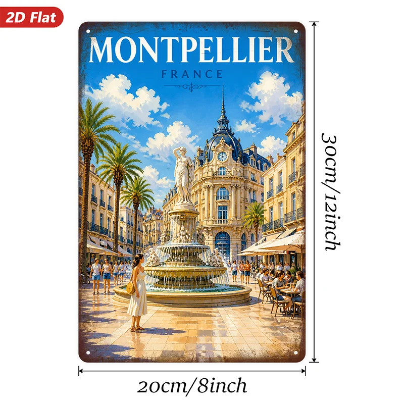 1pc Metal aluminum Sign Wall Art, Montpellier France Scene Home Decor, Mediterranean Style, Fountain Art
