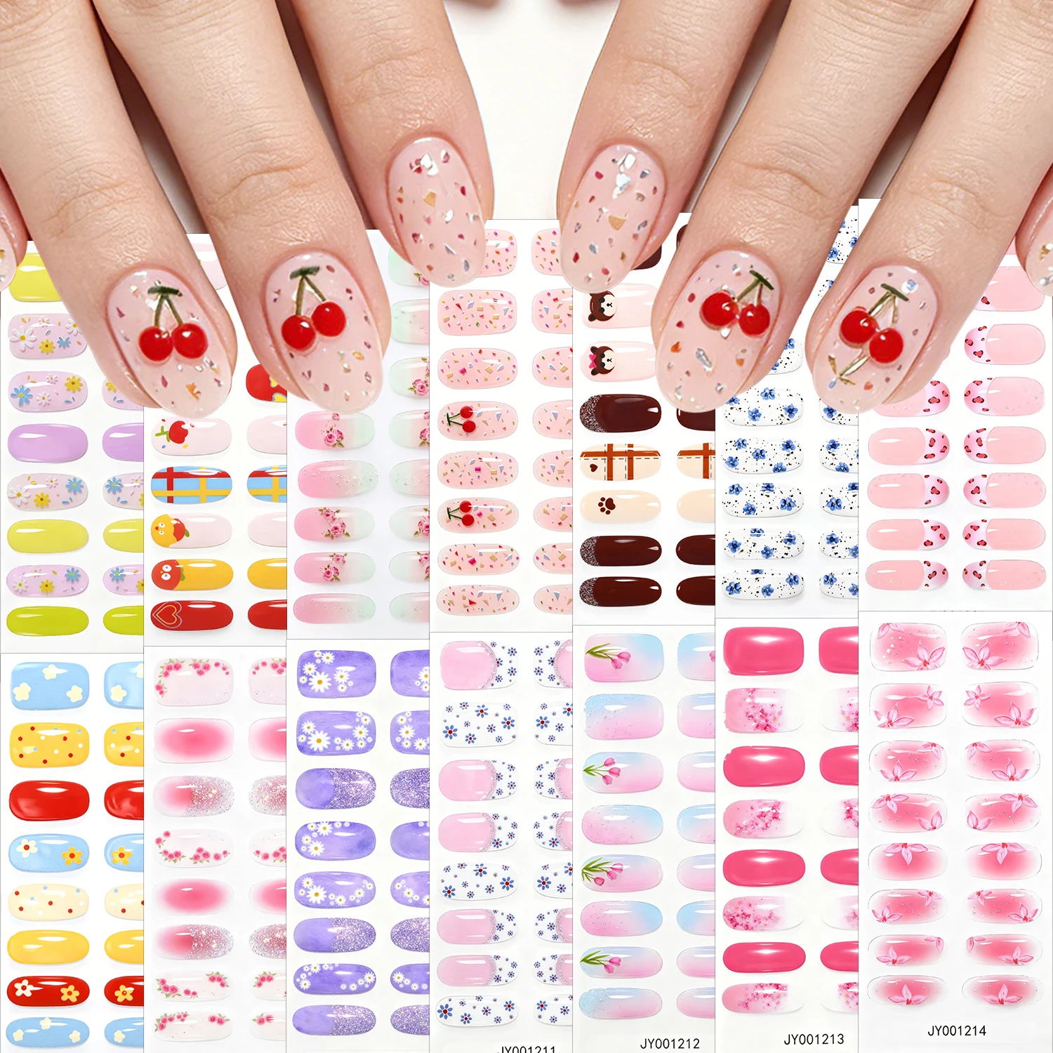 16tips Glitter Cherry Polka Dots Full Cover Nail Wraps Tulip Rose Floral Baking-Free Nail Stickers Self-adhesive Manicure Strips