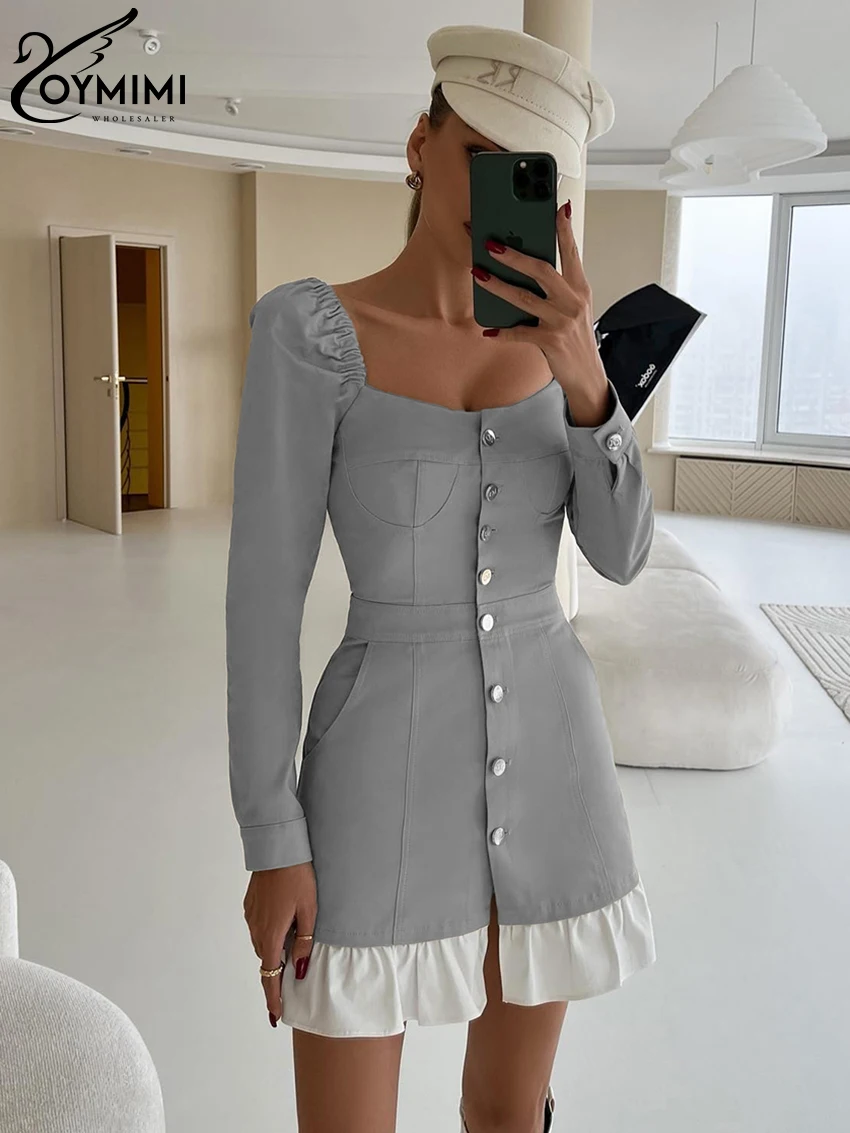Oymimi Fashion Slim Brown Sukienka damska Seksowny kwadratowy kołnierzyk z długim rękawem Mini sukienki Elegancka patchworkowa sukienka damska z wysokim stanem