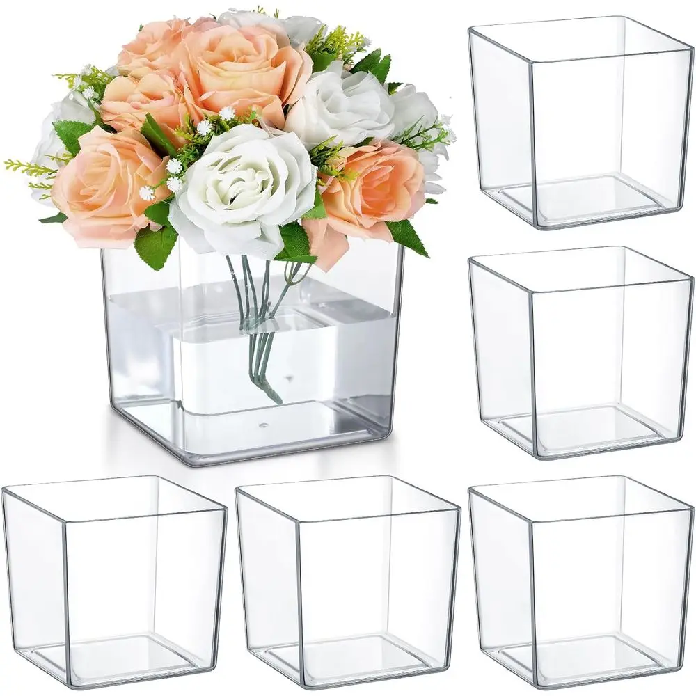 6 Pieces 6 x 6 Acrylic Square Vases Clear Plastic Vase Cube Bulk Wedding Centerpieces Home Office Plant Succulent Pots Planters