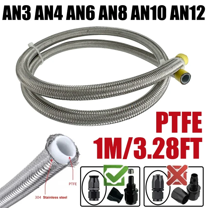 1M 3.28FT 3AN 4AN 6AN 8AN 10AN 12AN PTFE Fuel Oil Line Cooler Pipe Stainless Steel Brake Hose Temperature Pressure Resistance