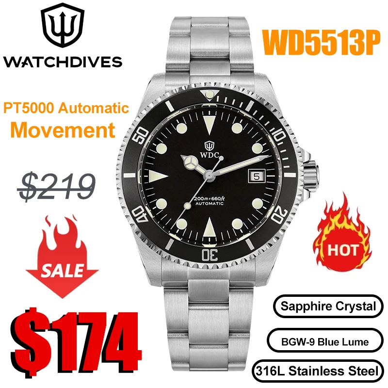 

Watchdives WD5513P Automatic Watch Men PT5000 Movement 28800 High Beat Mechanical Watch Sapphire Crystal Luminous Diver Watches