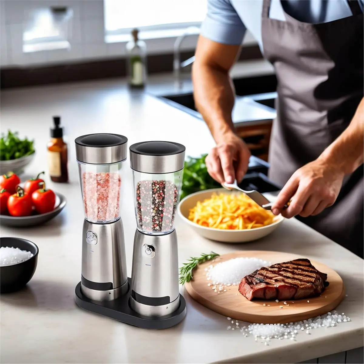 

Электрический набор для измельчения соли и перца (AIMA) с LED-подсветкой, автоматическая мельница для перца и соли из нержавеющей стали с регулируемой степенью помола