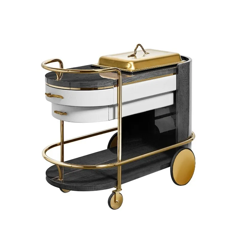 Light luxury high-end solid wood multi-functional service truck stainless steel restaurant, double-layer dining cart trolley