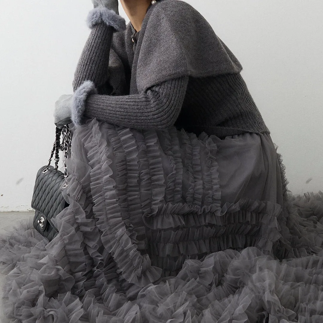 Spring 2026 Women's Knitted Long Sleeve V-Neck Cowl Neck Outerwear Cape Style Casual Fashion Set Two-Piece Long Skirt Dress