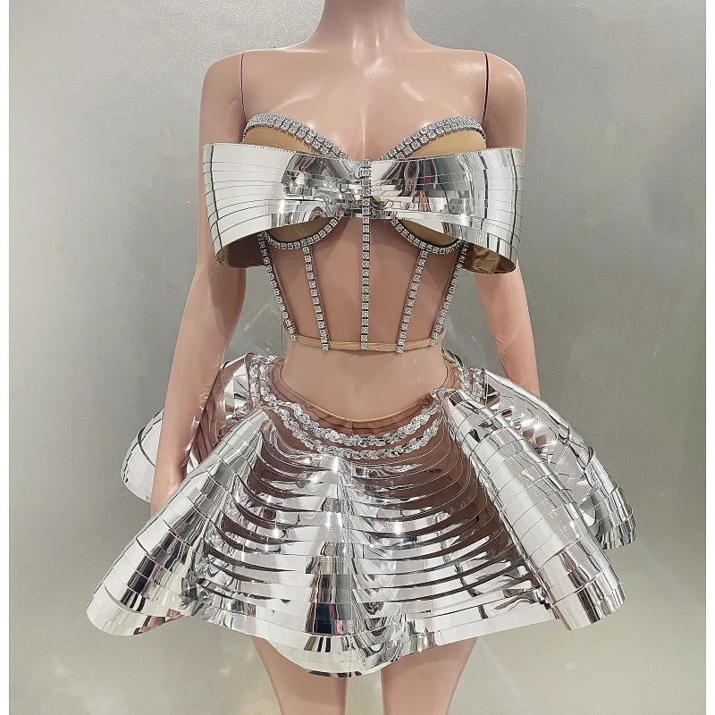 Sliver Mirror Surface Woman Set Stereoscopic Bows Strapless Tops And UFO Mini Skirt 2 Pieces Party Outfit Performance costume