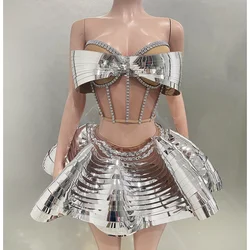 Sliver Mirror Surface Woman Set Stereoscopic Bows Strapless Tops And UFO Mini Skirt 2 Pieces Party Outfit Performance costume