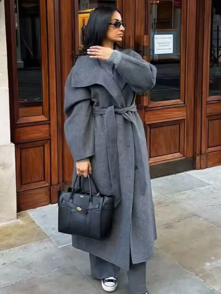 HH femmes hiver mode col montant ceinture solide Long manteau en laine femme haute rue décontracté simple boutonnage 2 couleurs vestes Mujer