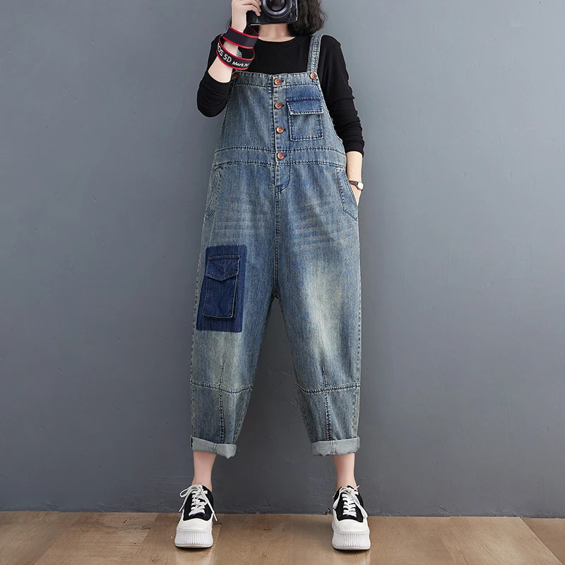 Loose Wide Leg Denim Jumpsuits Women Casual Streetwear Straight Big Size Overalls Single Breasted Mom Jeans Straps Cargo Pants