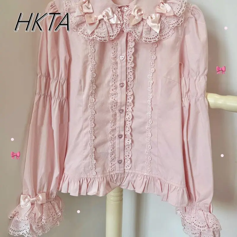 Lolita Versatile Bow Doll Collar Blusas Girls Long Lotus Root Sleeve Shirt Women Spring Sweet Cute Lace Pink Top Blouse Girls