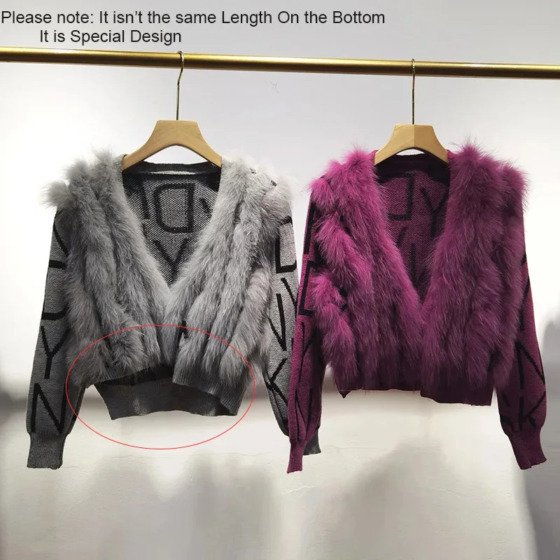 Women Short Knitted  Cardigan With Real Fox Fur Autumn Long Sleeve Female Genuine Fur Striped Cardigans Sweater