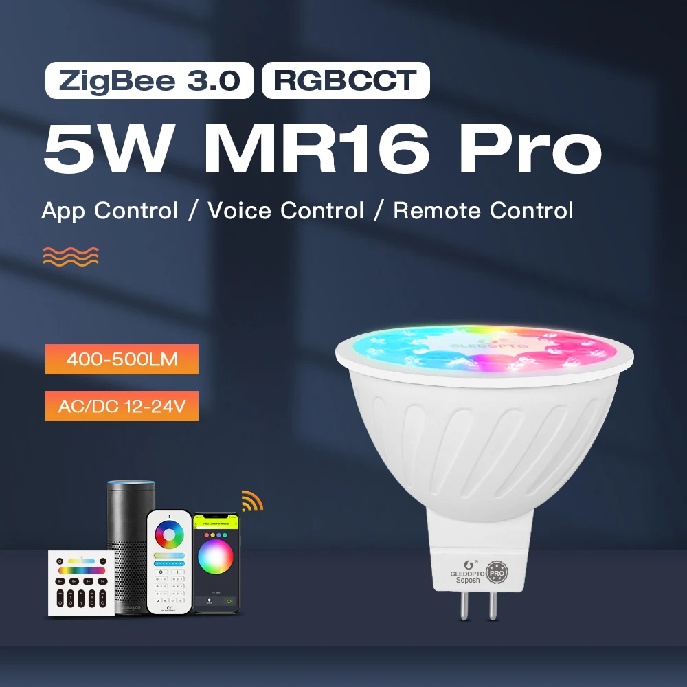 Gledopto Zigbee 3.0 LED Spotlight 5W MR16 Pro RGB+CCT 400~500LM AC/DC12~24V Tuya Smart Life APP Alexa Conbee RF Remote Control