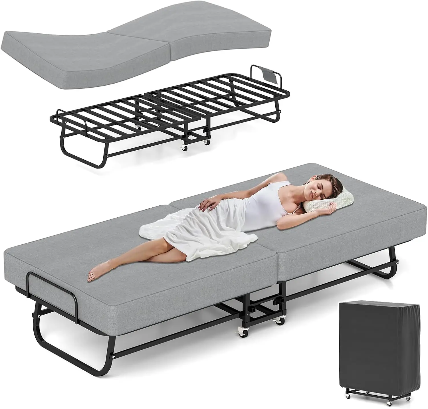 Bed with Mattress, Portable Bed for Adults, Roll Away Bed Guest Bed on Wheels, Memory Foam Mattress and Metal Frame, Space Savin