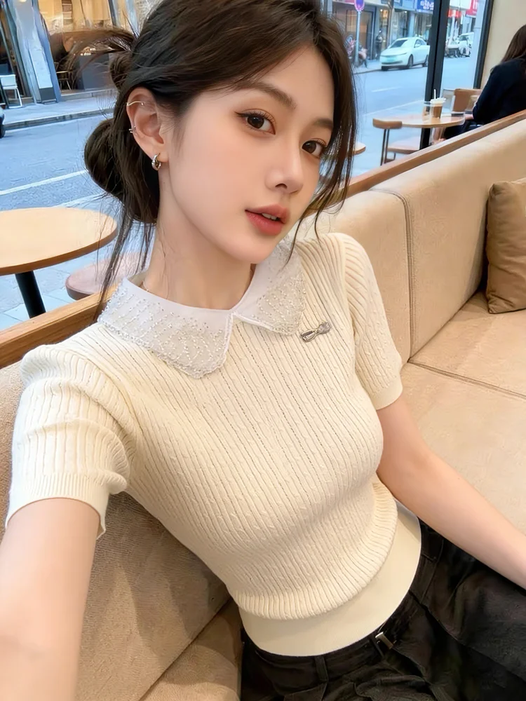 

Sweet Youthful Lace Splice Short Sleeve T-Shirt Women's Summer New Style Knitted Shirt Doll Collar Self-Preserving Model