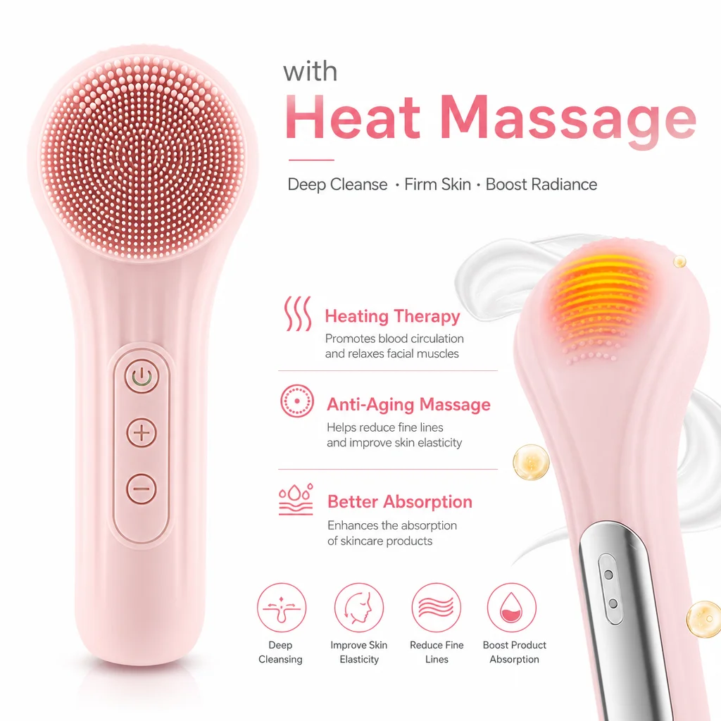 Escova de Limpeza Facial de Silicone com Vibração Aquecida, Massageador Facial Recarregável, Limpador Facial Elétrico Exfoliante à Prova d'Água