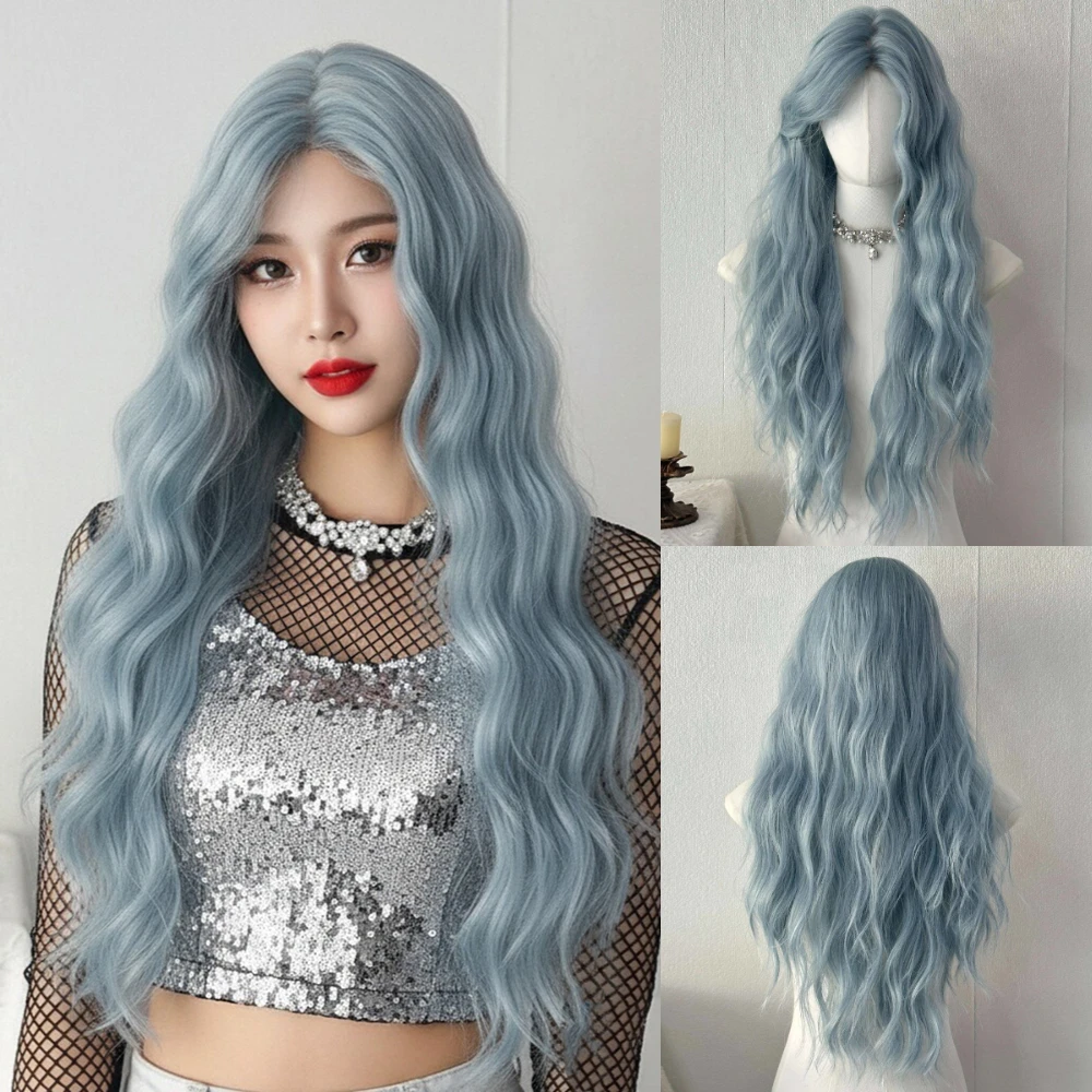 

Длинный синтетический женский вьющийся синий парик, пушистый термостойкий парик Лолиты для косплея, средняя часть для повседневной вечеринки