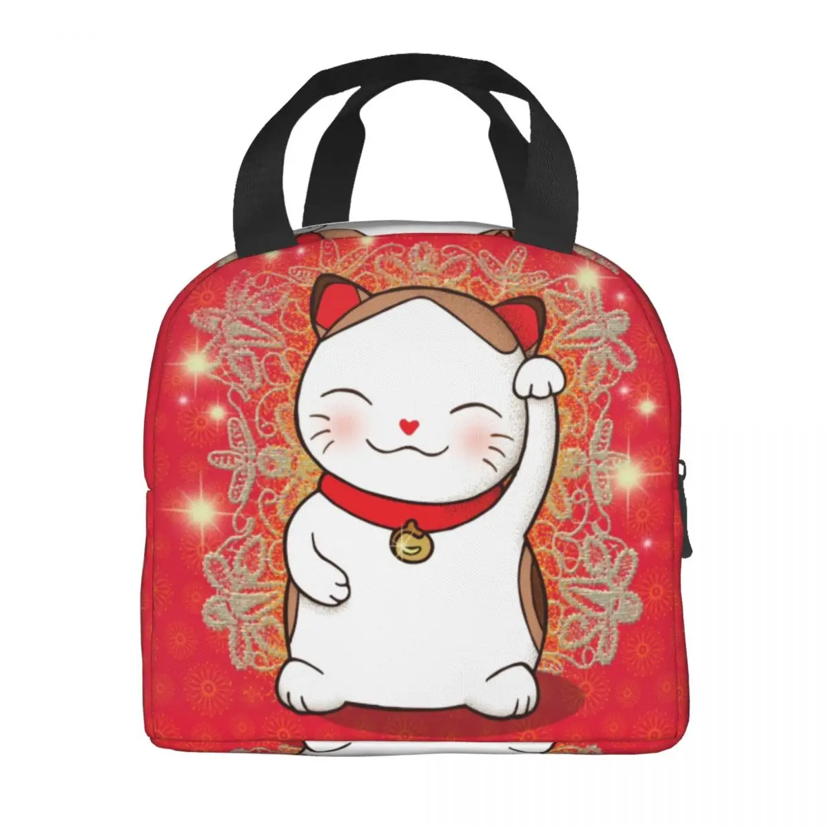 Cute Maneki Neko Waving Insulated Lunch Tote Bag for Women Japanese Lucky Cat Resuable Thermal Cooler Bento Box Camping Travel